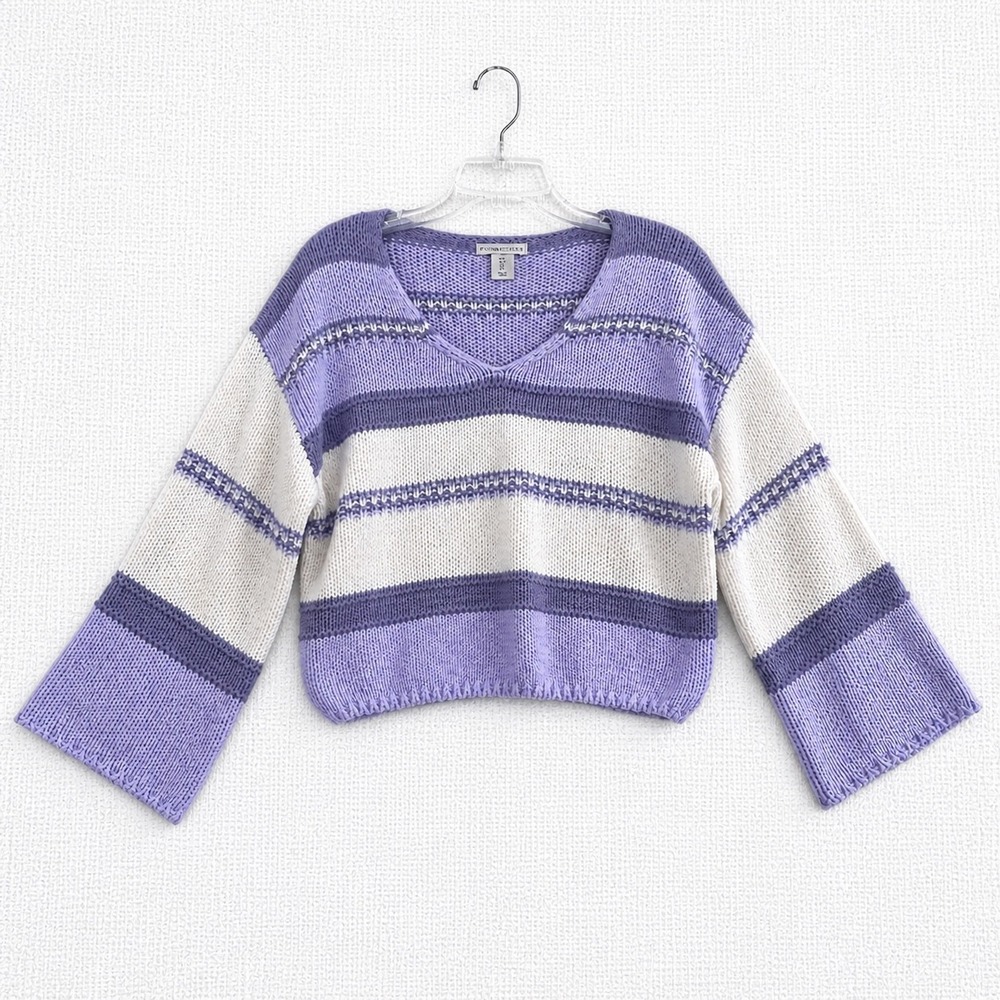 Sincerely Jules Striped Cropped Sweater‎ Purple White Knit Boho Women S